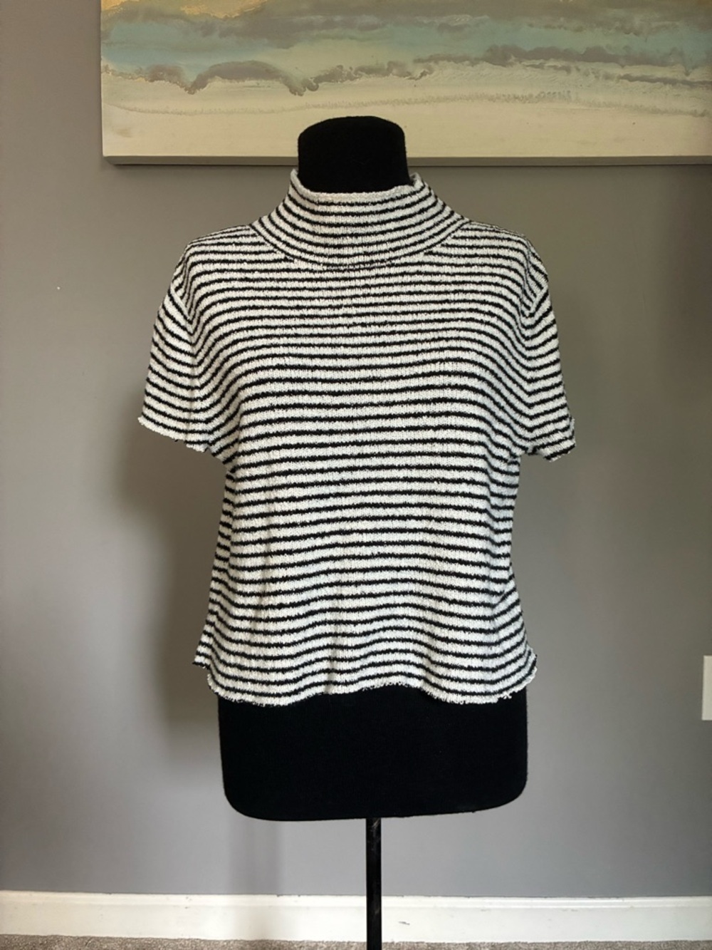 J. Crew Black & White Striped Turtleneck Short-Sleeve Top